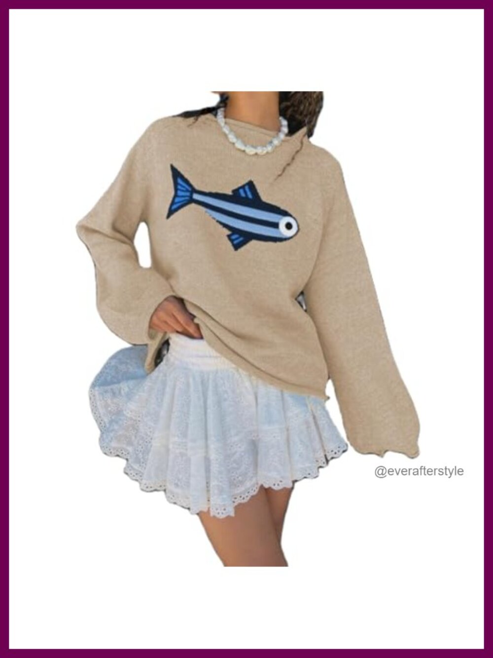 Women's Rib Knit Fish Graphic Sweater Crew Neck Oversized Vintage Pullover